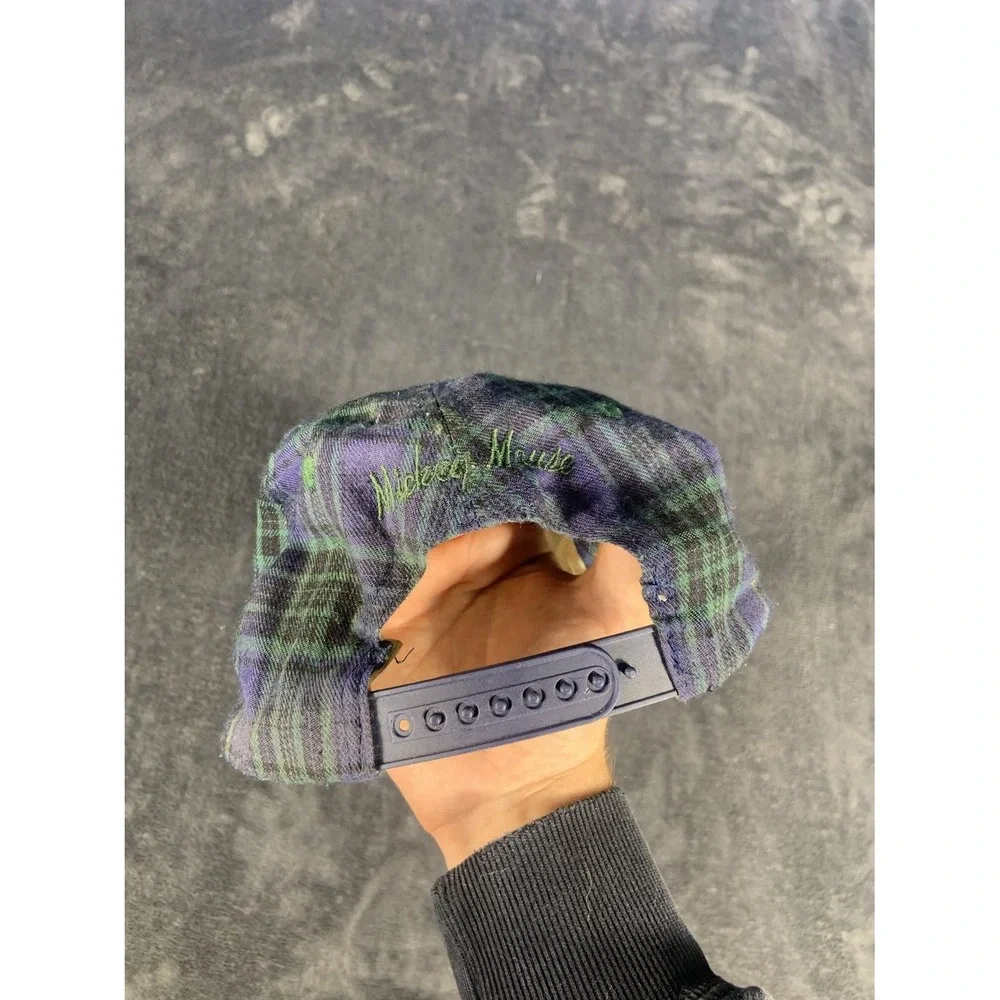 Vintage Disney Mickey Mouse Black Watch Plaid Flannel Snapback Hat 90s Cap Suede